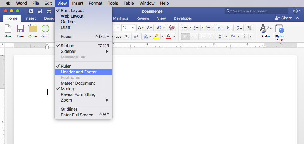 microsoft word for mac doe not automatically put header and footer